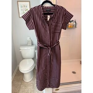 Banana Republic Womens XXS Burgundy Striped Cotton Midi Shirt Dress 813383-00-1